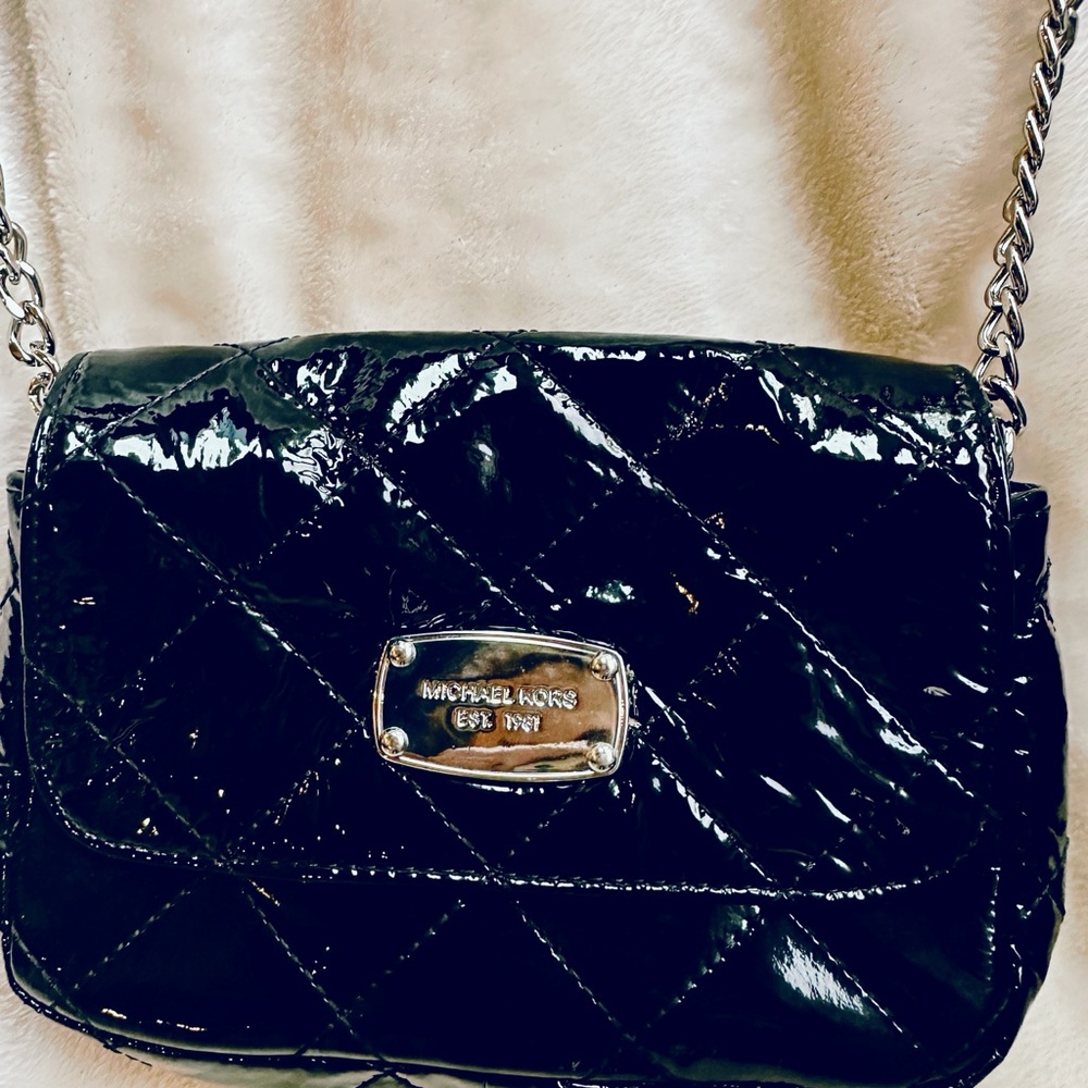 Michael Kors Black Patent Quilted Shoulder Bag with Silver Hardware